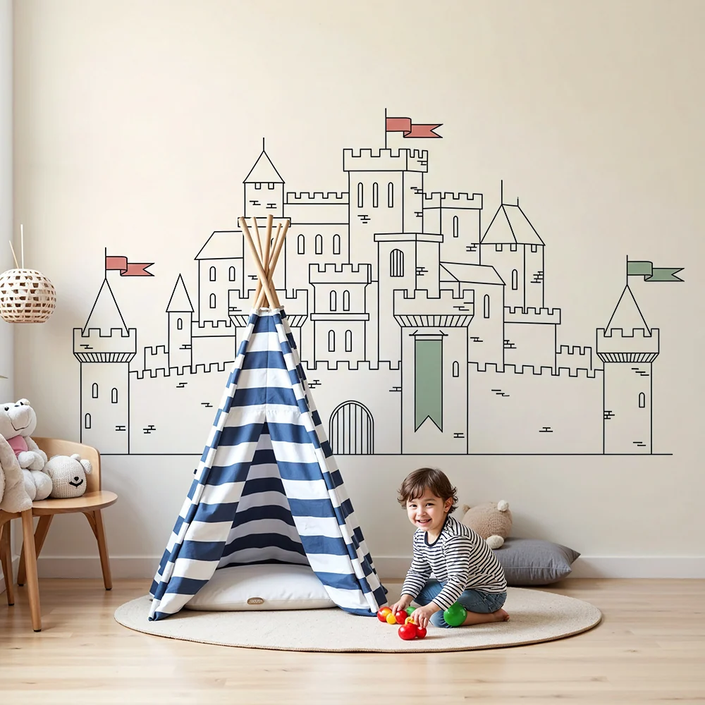 Kids room wallpaper | Středověký hrad s pestrobarevnými vlajkami