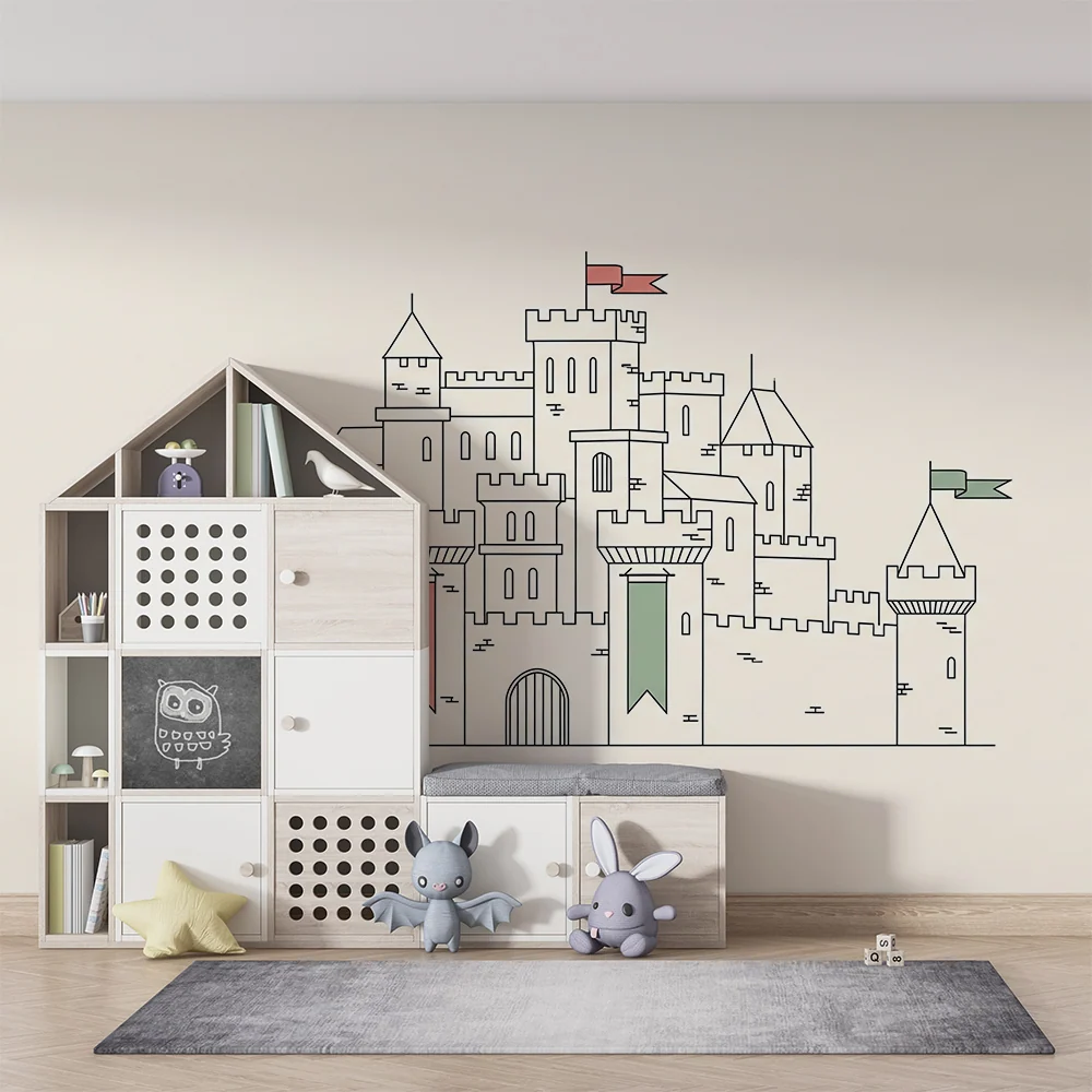 Kids room wallpaper | Středověký hrad s pestrobarevnými vlajkami