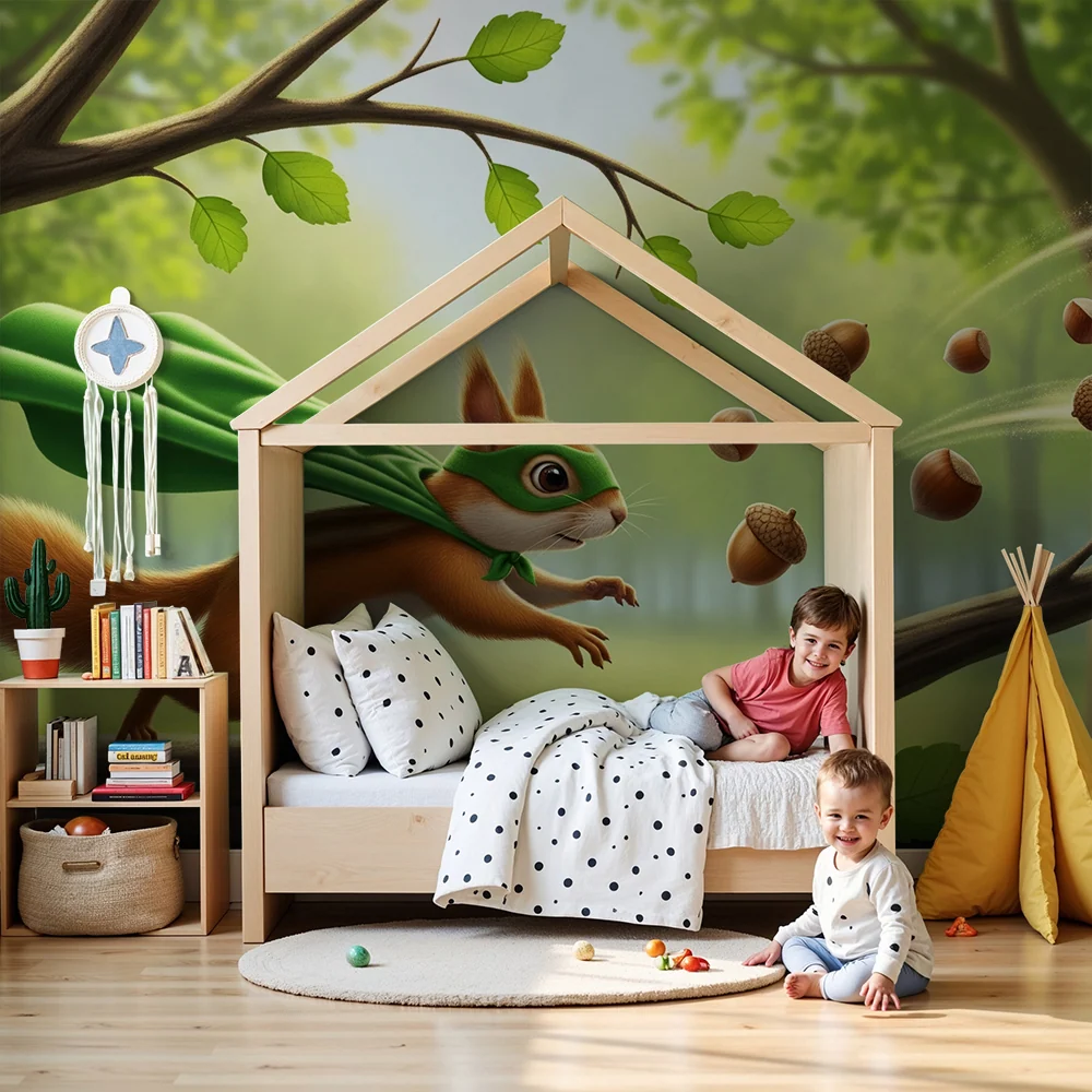 Kids room wallpaper | Superhero squirrel enchanted forest