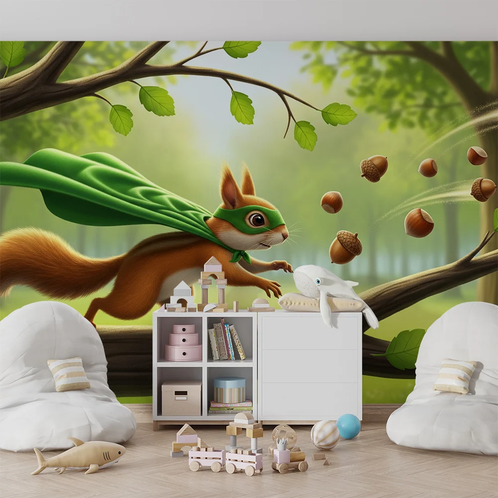 Kids room wallpaper | Superhero squirrel enchanted forest