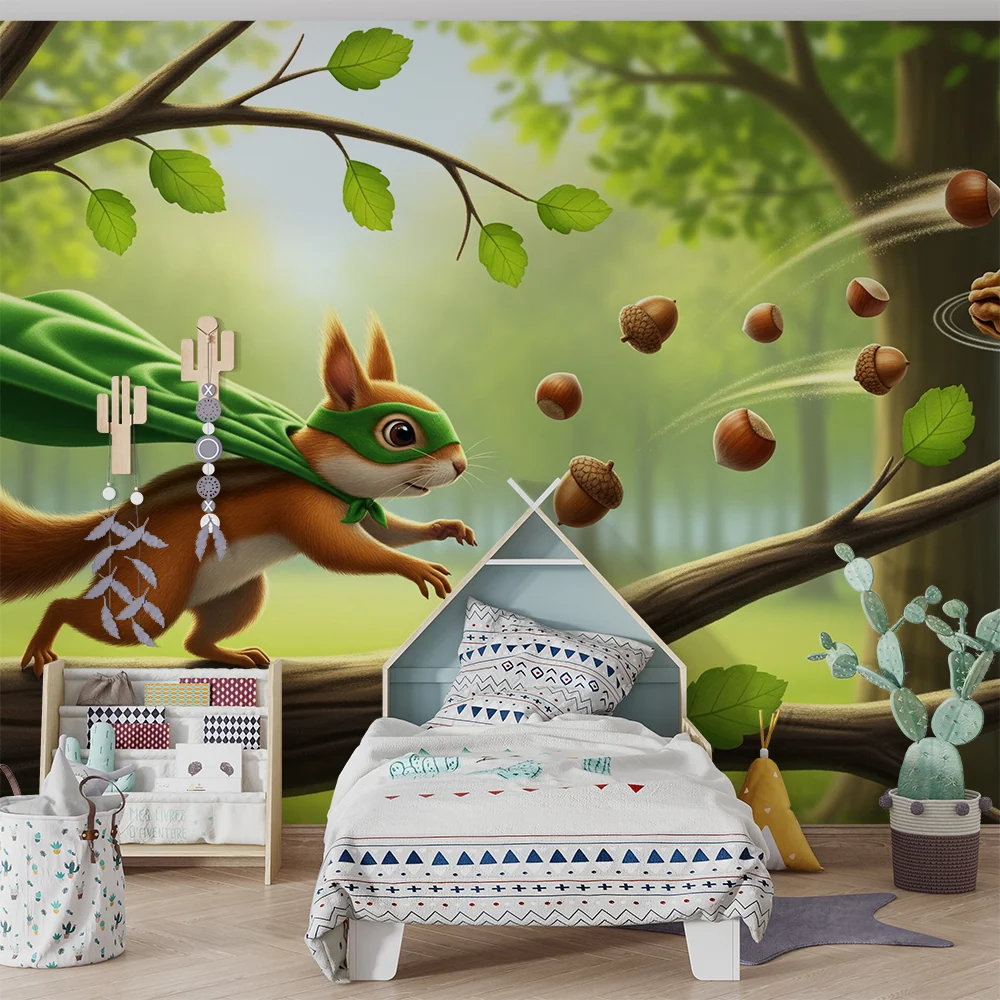 Kids room wallpaper | Superhero squirrel enchanted forest