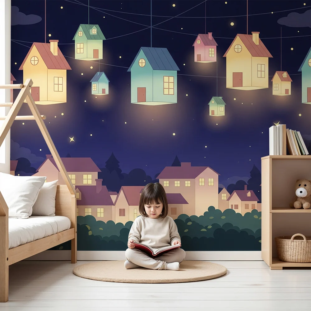 Kids room wallpaper | Suspendované domy osvětlené pod hvězdnou oblohou