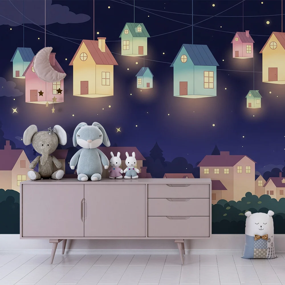 Kids room wallpaper | Suspendované domy osvětlené pod hvězdnou oblohou