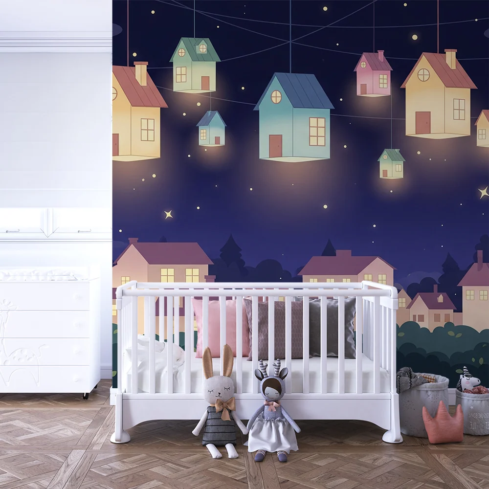 Kids room wallpaper | Suspendované domy osvětlené pod hvězdnou oblohou