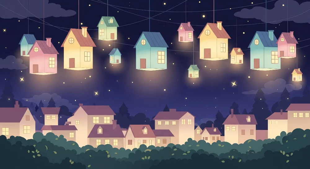 Kids room wallpaper | Suspendované domy osvětlené pod hvězdnou oblohou