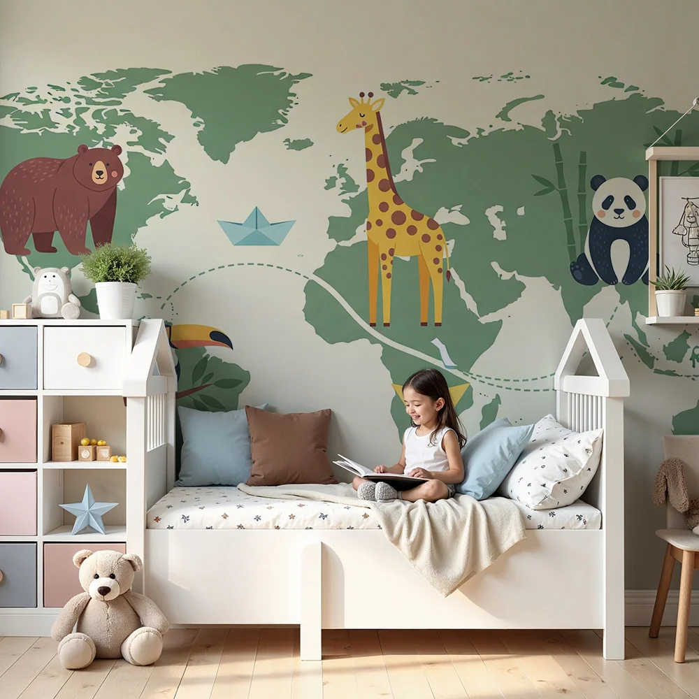Kids room wallpaper | Svět zvířat s barevnou mapou
