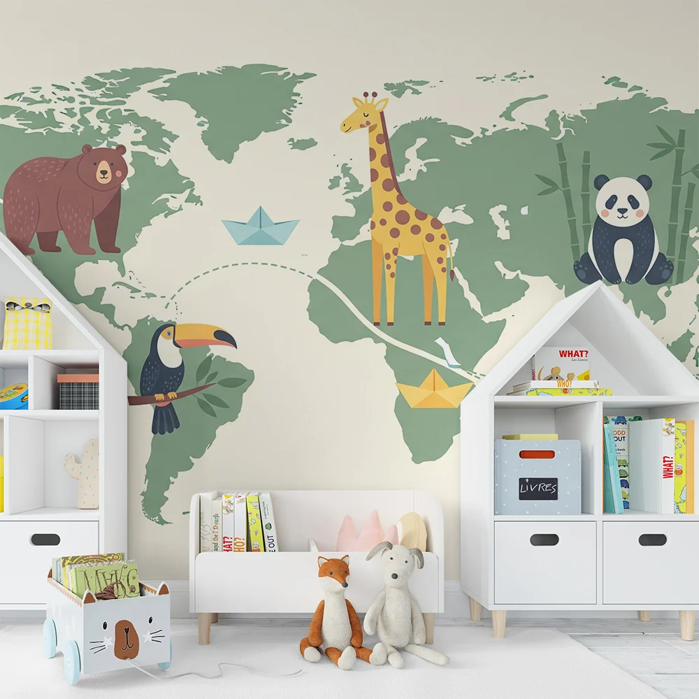 Kids room wallpaper | Svět zvířat s barevnou mapou