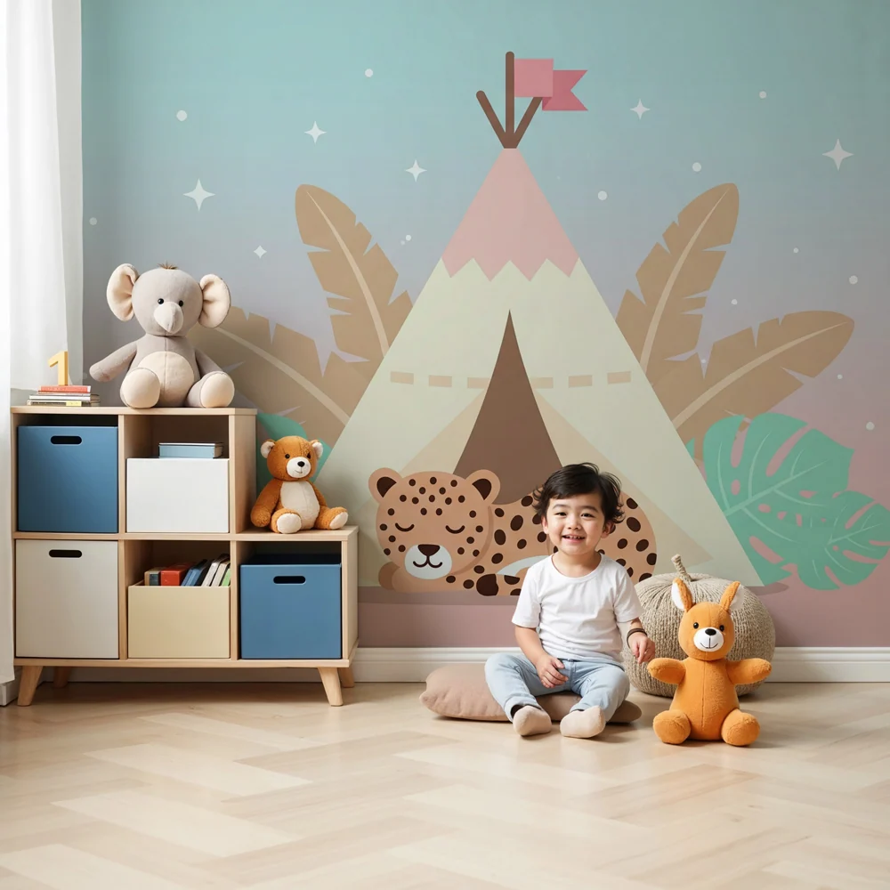 Kids room wallpaper | Tent and sleeping leopard