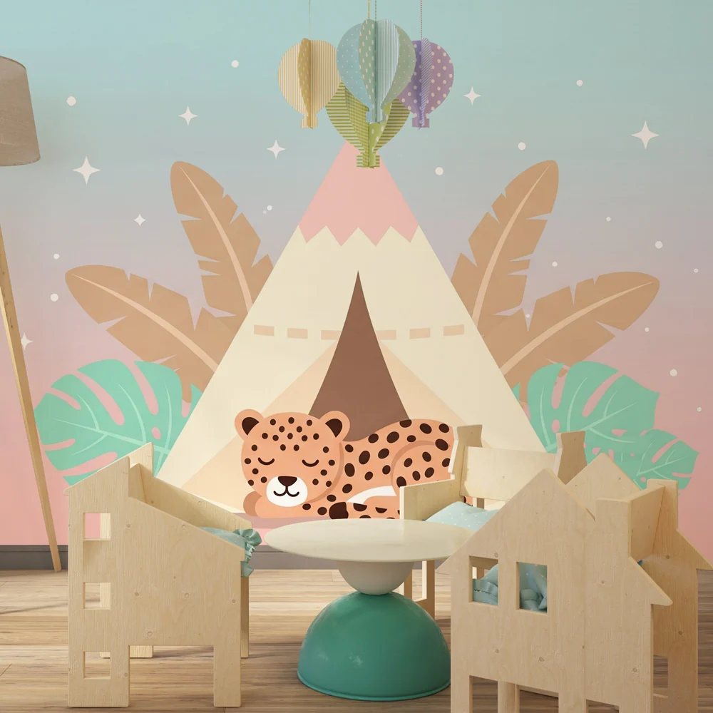 Kids room wallpaper | Tent and sleeping leopard