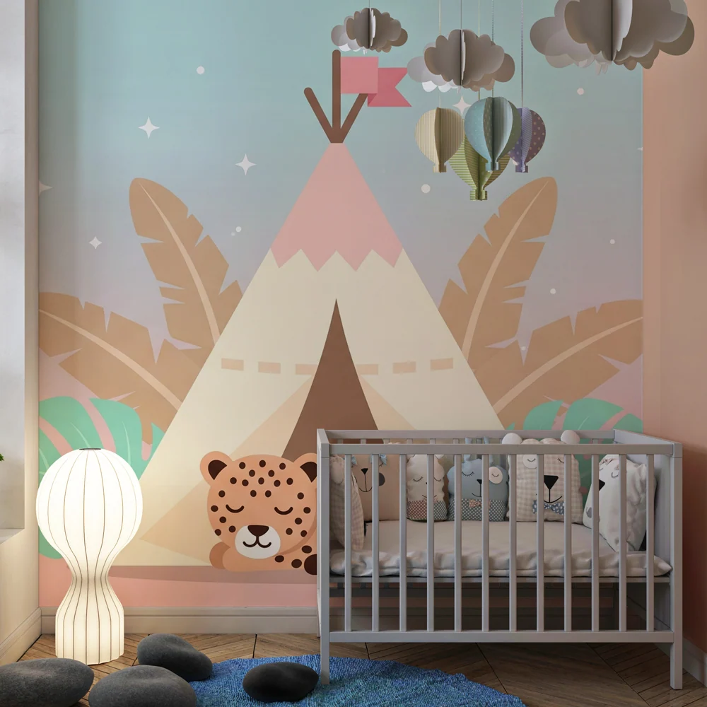 Kids room wallpaper | Tent and sleeping leopard