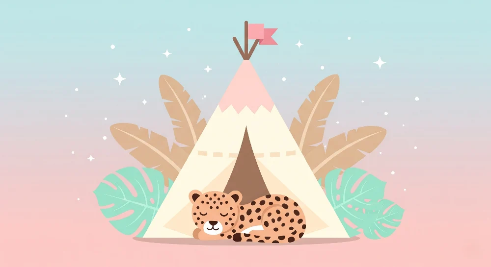 Kids room wallpaper | Tent and sleeping leopard