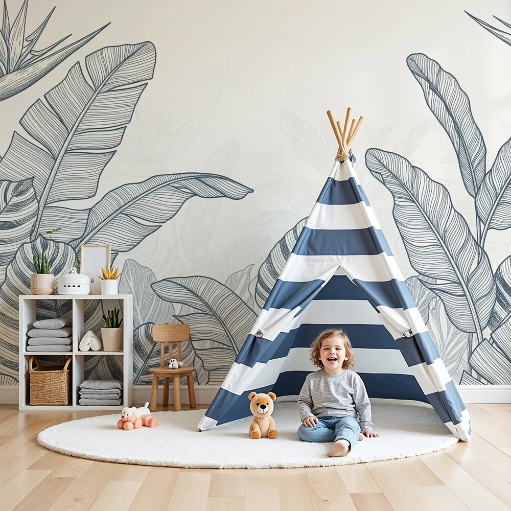 Kids room wallpaper | Tropical foliage delicate lines