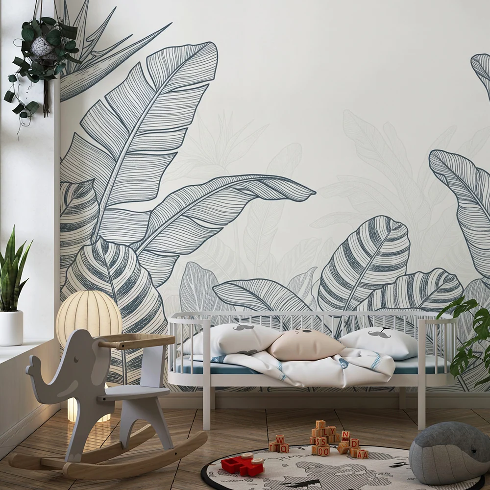Kids room wallpaper | Tropical foliage delicate lines