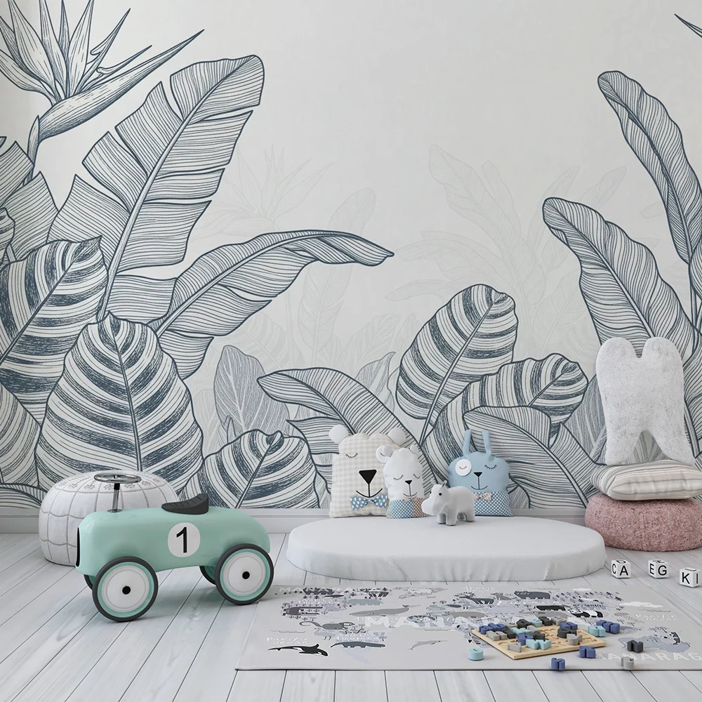Kids room wallpaper | Tropical foliage delicate lines