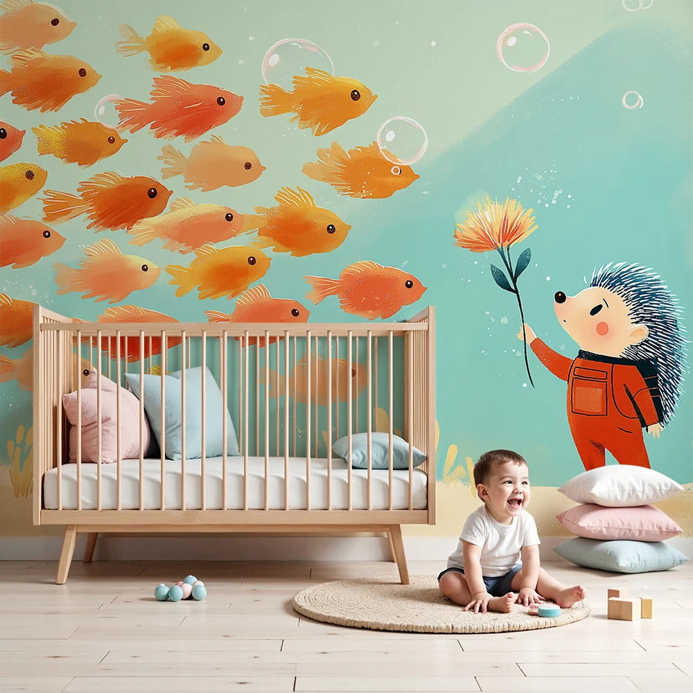 Kids room wallpaper | Underwater hedgehog colorful fish