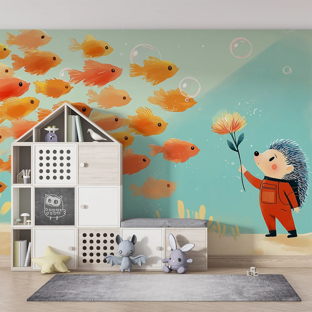 Kids room wallpaper | Underwater hedgehog colorful fish