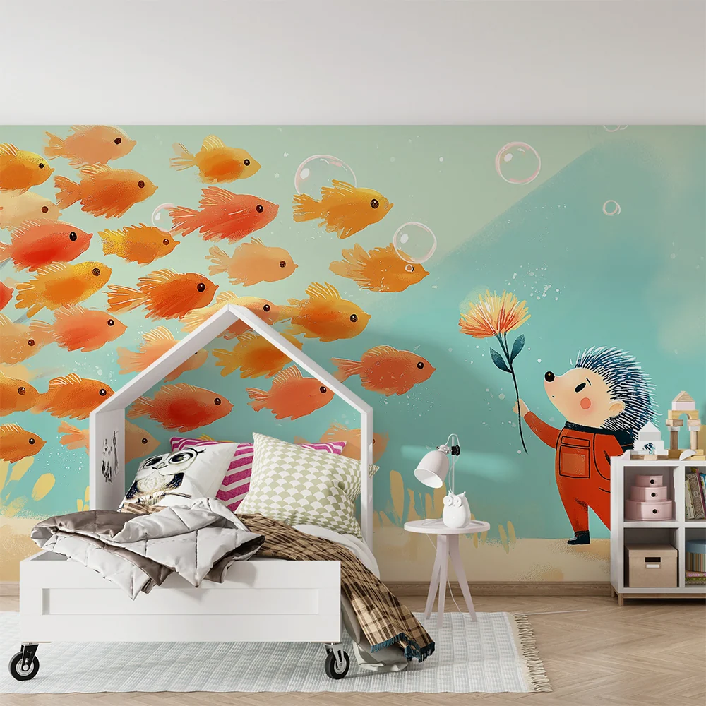 Kids room wallpaper | Underwater hedgehog colorful fish