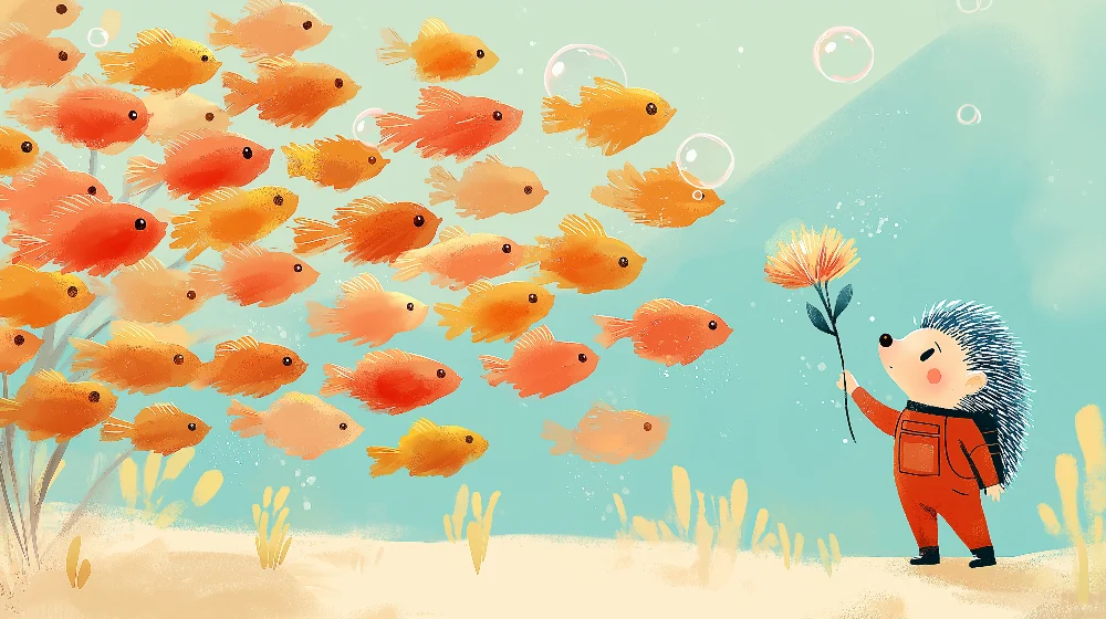 Kids room wallpaper | Underwater hedgehog colorful fish