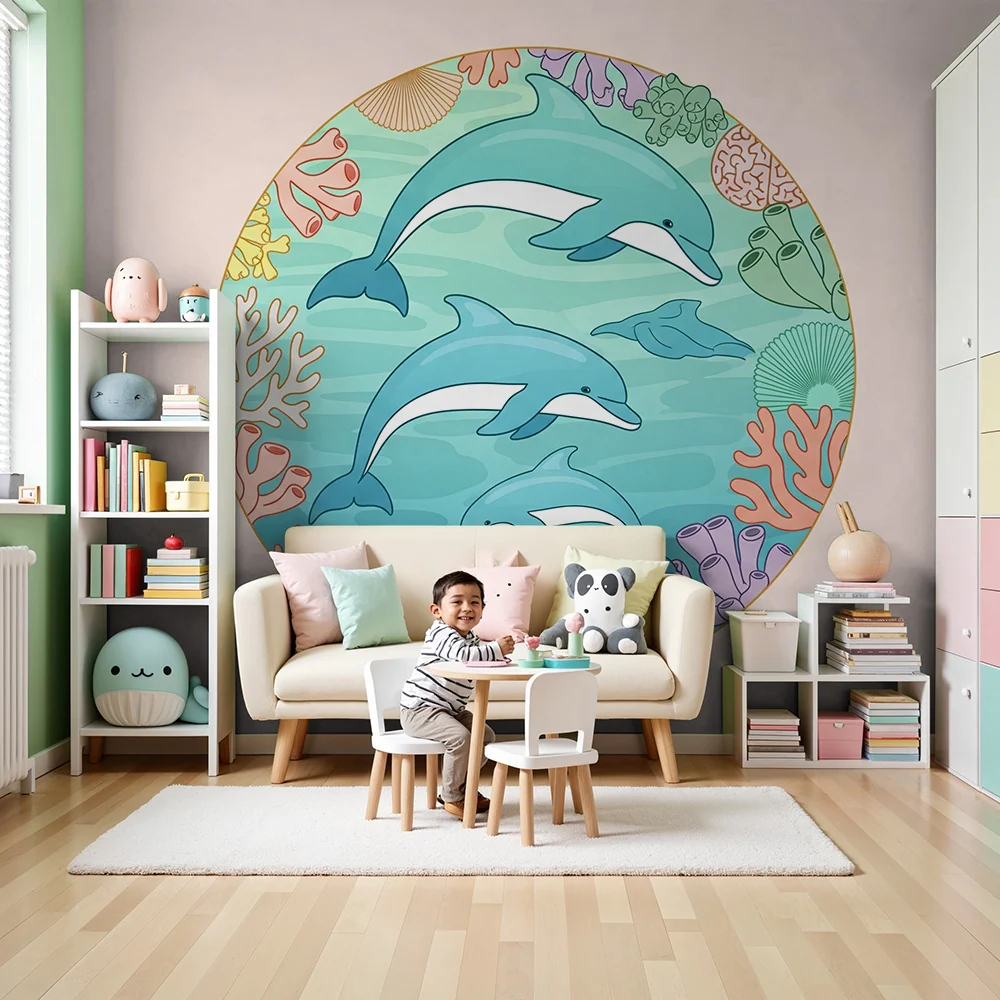Kids room wallpaper | Veselí delfíni v barevném podmořském světě