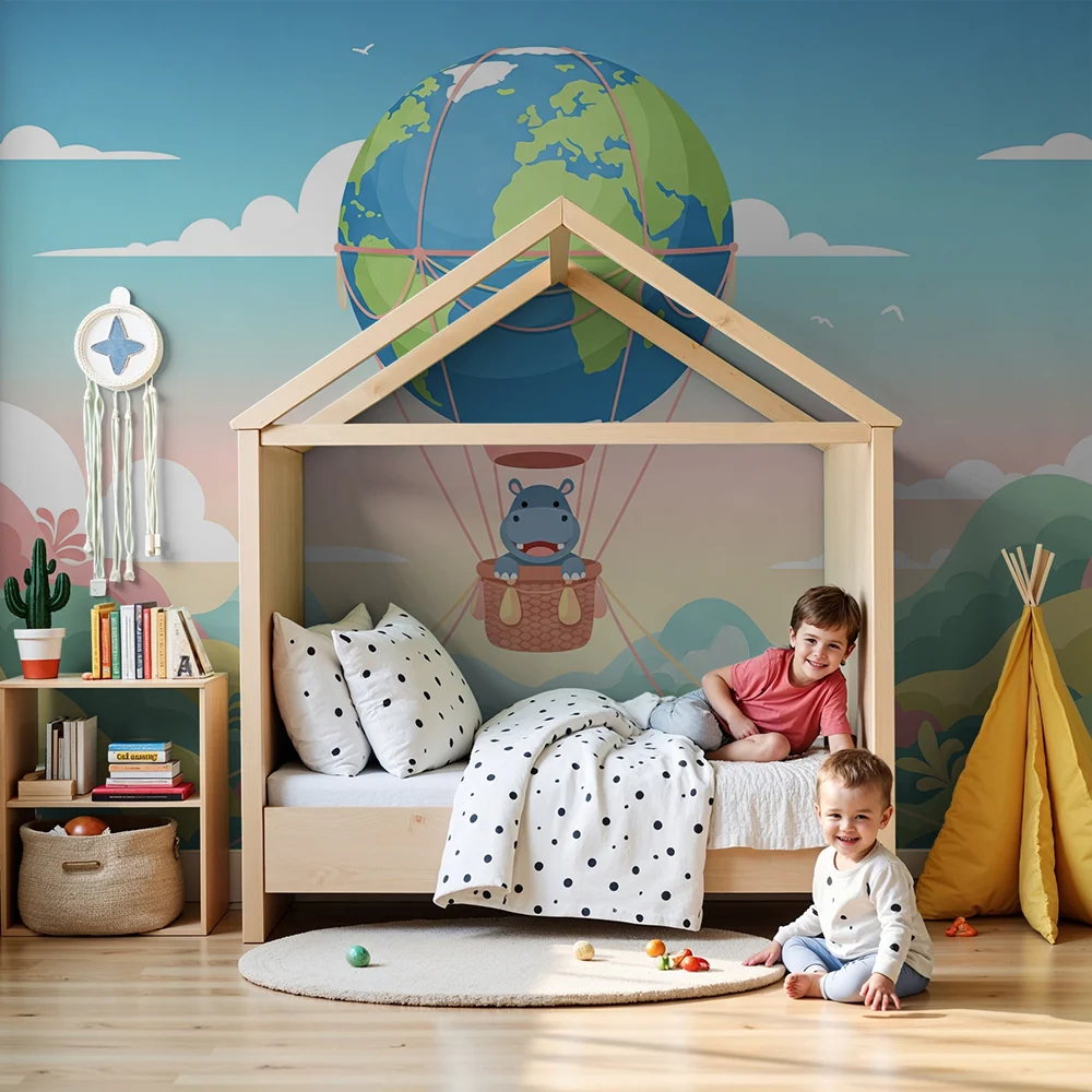 Kids room wallpaper | Veselý hroch v horkovzdušném balónu na barevné krajinné tapetě