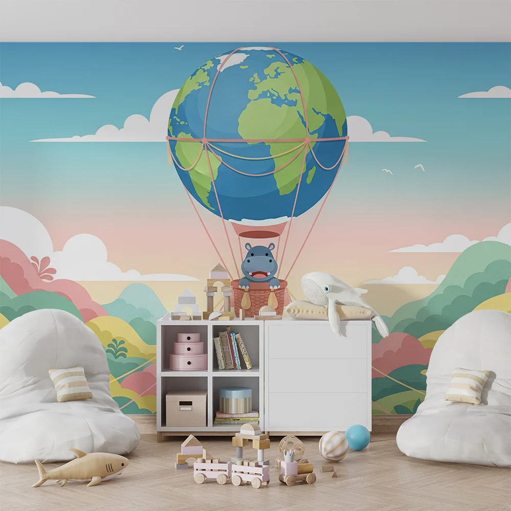 Kids room wallpaper | Veselý hroch v horkovzdušném balónu na barevné krajinné tapetě