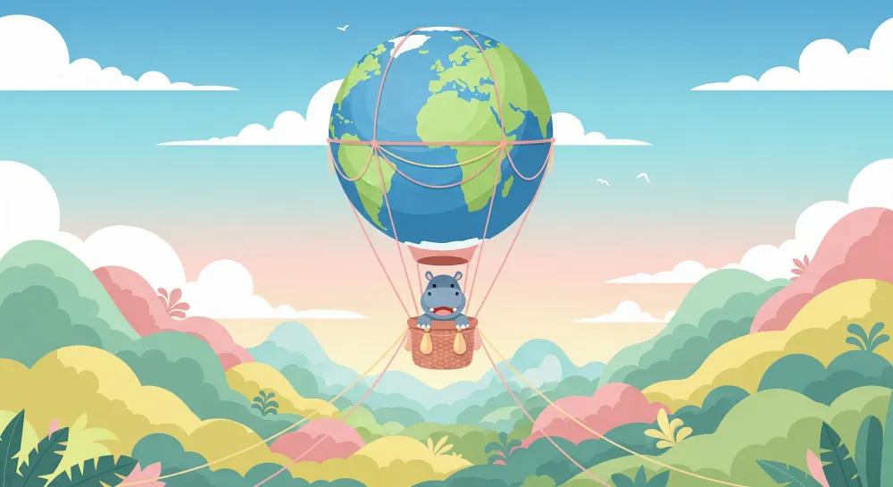 Kids room wallpaper | Veselý hroch v horkovzdušném balónu na barevné krajinné tapetě