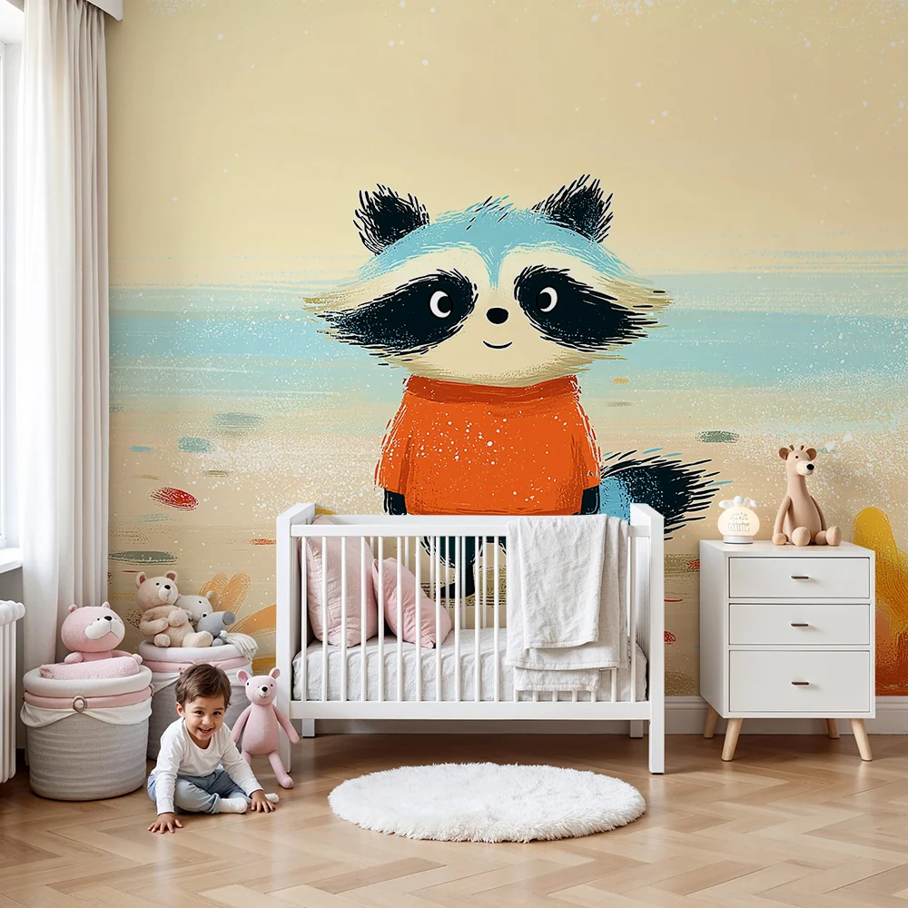 Kids room wallpaper | Veselý jezevec na pláži s barevnými listy