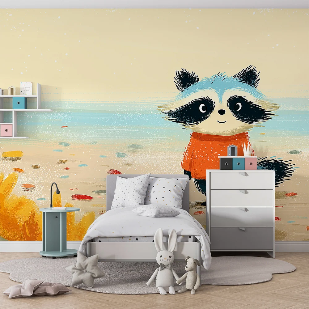 Kids room wallpaper | Veselý jezevec na pláži s barevnými listy