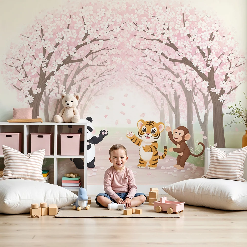 Kids room wallpaper | Veselá zvířata pod kvetoucími třešněmi