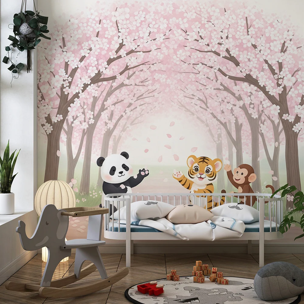 Kids room wallpaper | Veselá zvířata pod kvetoucími třešněmi