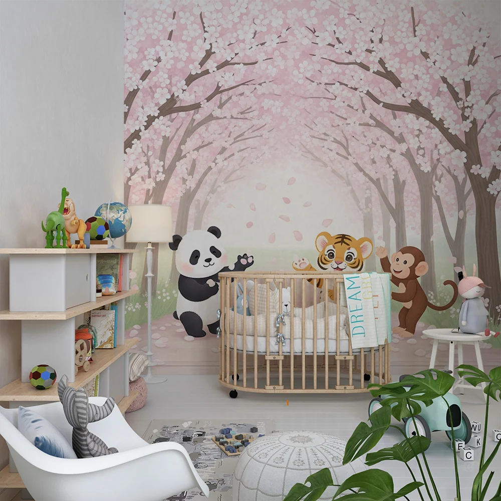 Kids room wallpaper | Veselá zvířata pod kvetoucími třešněmi