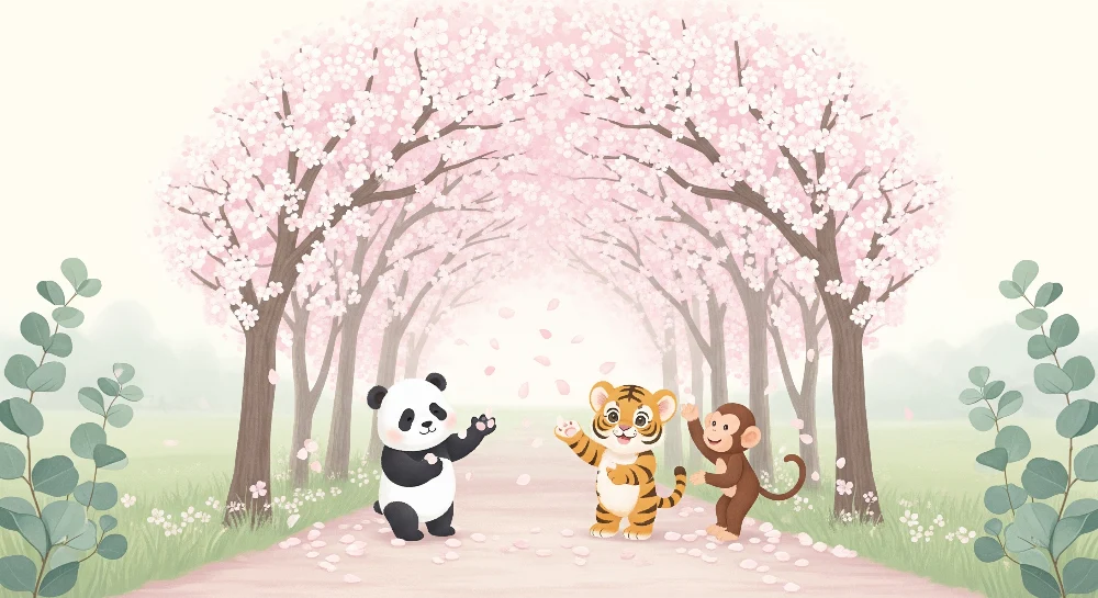 Kids room wallpaper | Veselá zvířata pod kvetoucími třešněmi