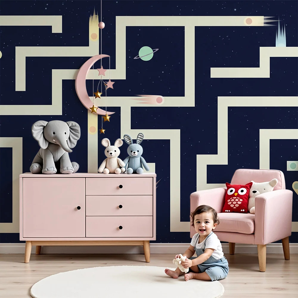 Kids room wallpaper | Vesmírný labyrint s barevnými planetami komety