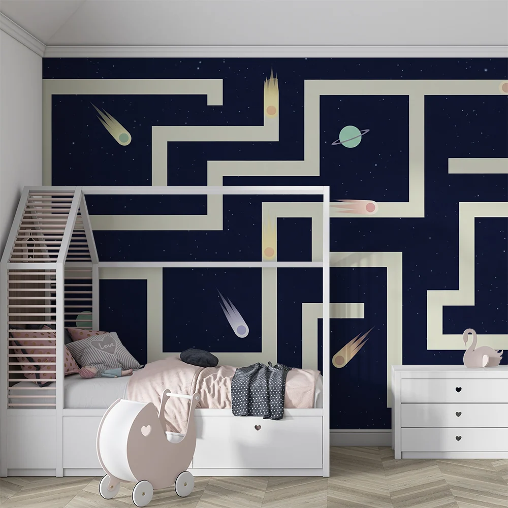 Kids room wallpaper | Vesmírný labyrint s barevnými planetami komety