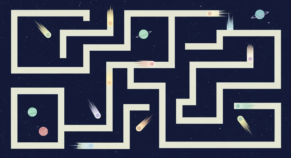 Kids room wallpaper | Vesmírný labyrint s barevnými planetami komety