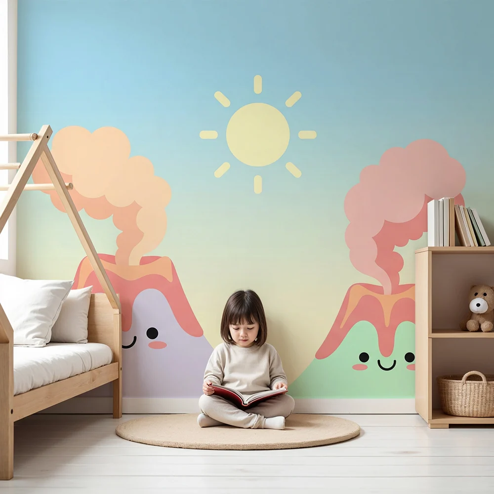 Kids room wallpaper | Vesuvius smiling under pastel sky