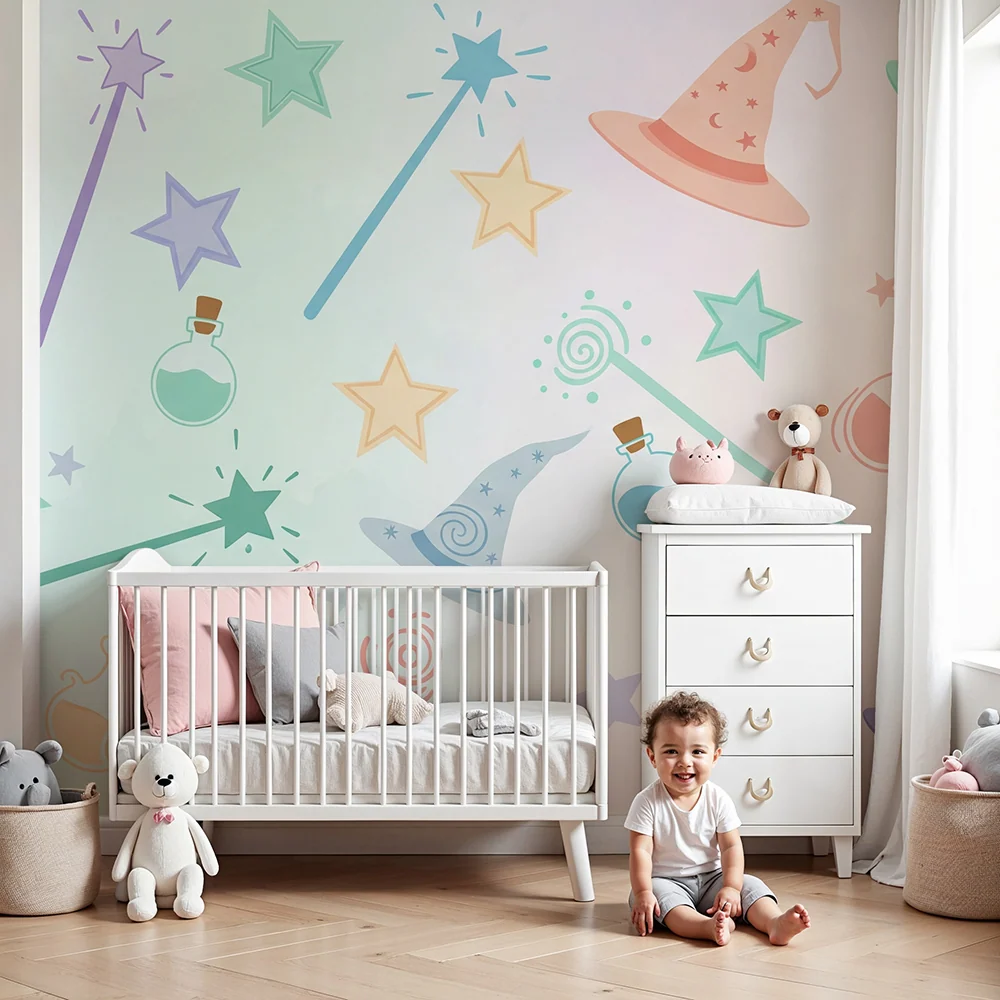 Kids room wallpaper | Witch hats and colorful magic potions