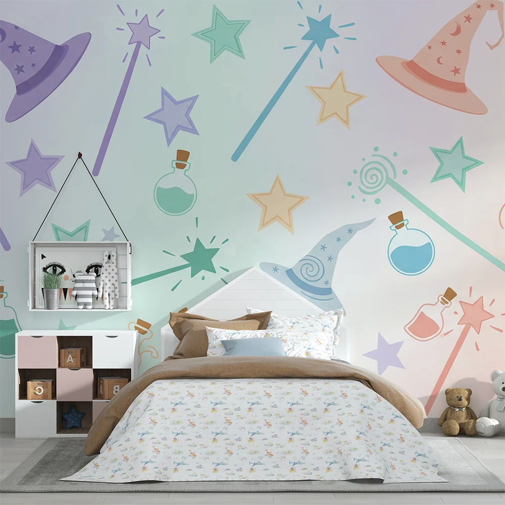 Kids room wallpaper | Witch hats and colorful magic potions