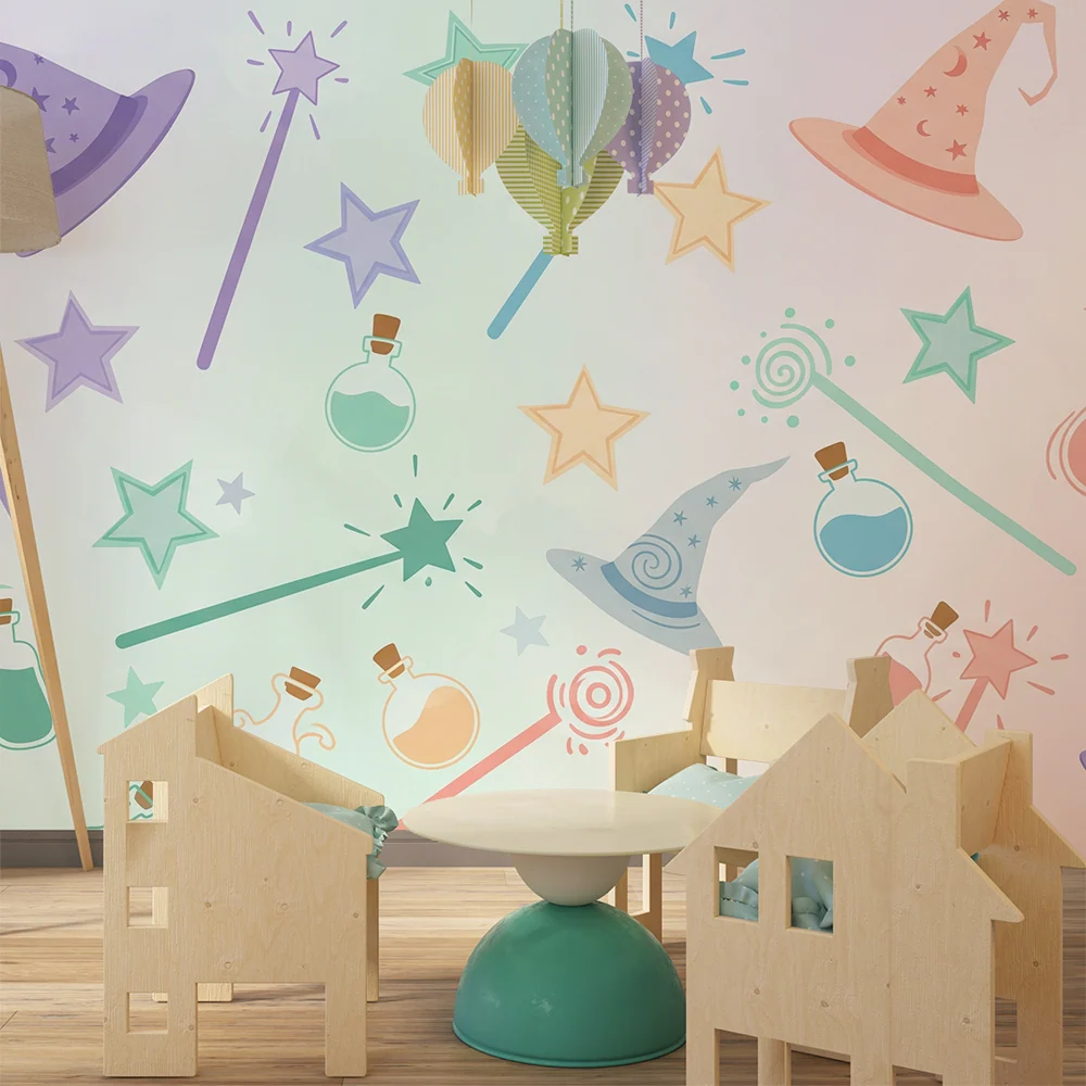Kids room wallpaper | Witch hats and colorful magic potions