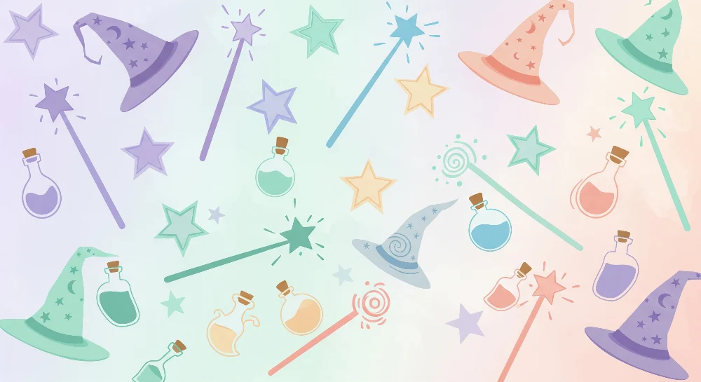 Kids room wallpaper | Witch hats and colorful magic potions