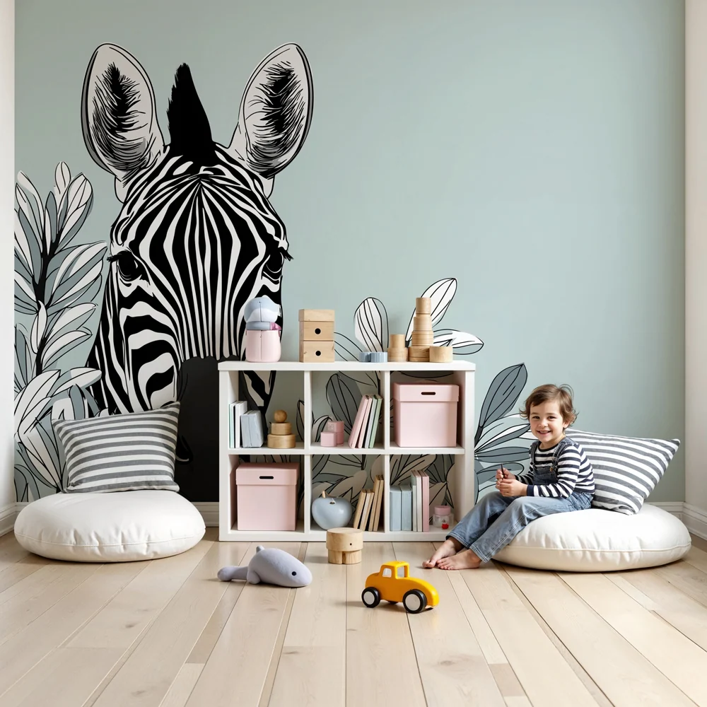 Kids room wallpaper | Zebra head and elegant foliage