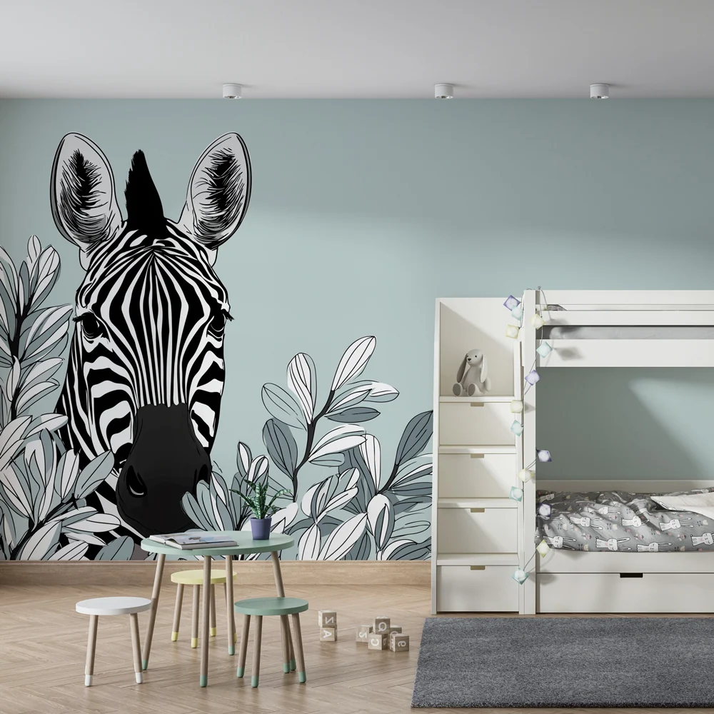 Kids room wallpaper | Zebra head and elegant foliage