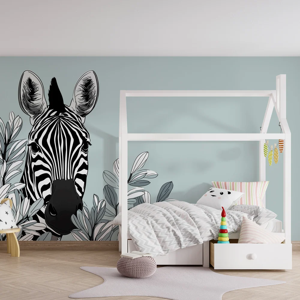 Kids room wallpaper | Zebra head and elegant foliage