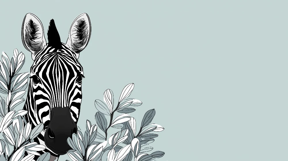 Kids room wallpaper | Zebra head and elegant foliage