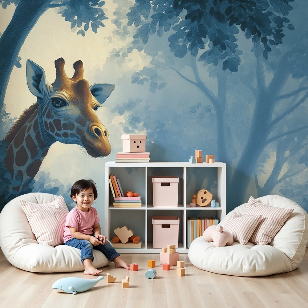 Kids room wallpaper | Zvědavá žirafa uprostřed mlhavého lesa