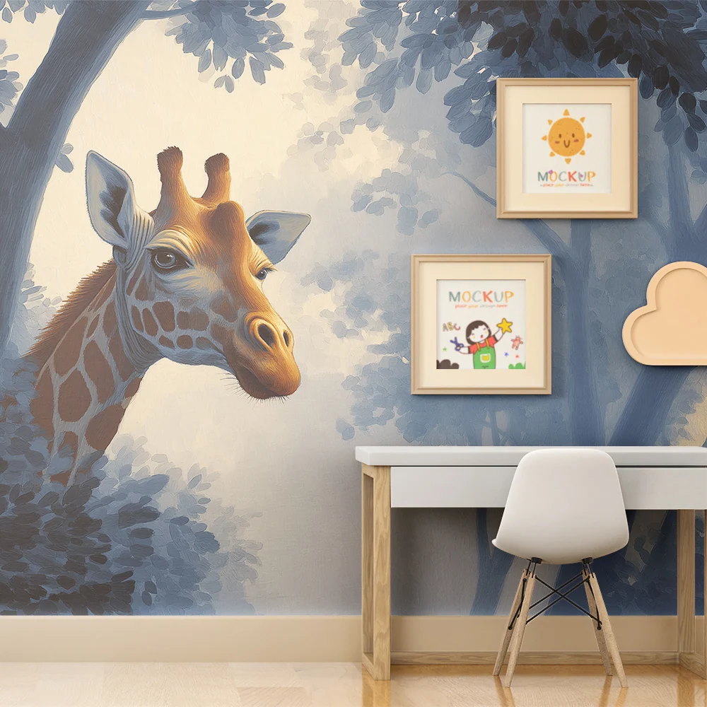 Kids room wallpaper | Zvědavá žirafa uprostřed mlhavého lesa