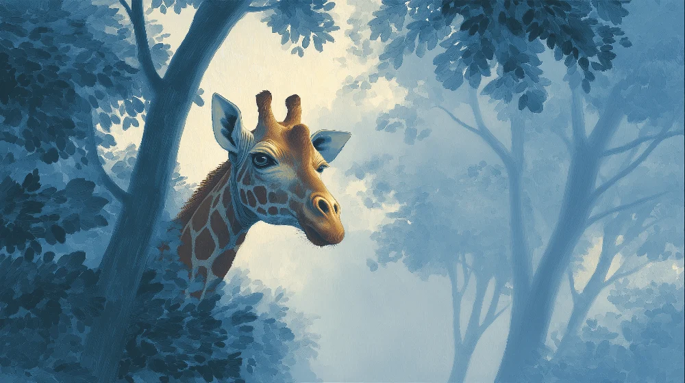 Kids room wallpaper | Zvědavá žirafa uprostřed mlhavého lesa