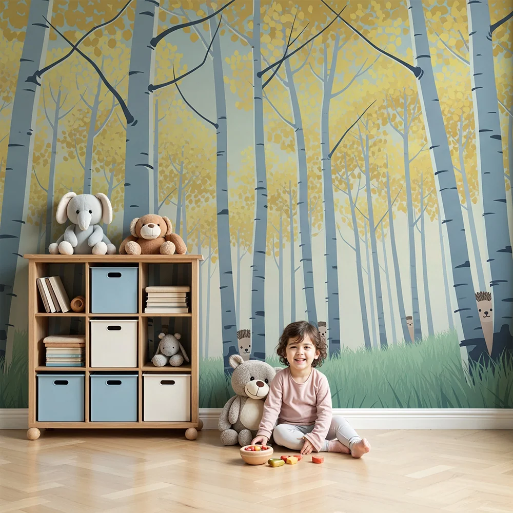 Kids room wallpaper | Zvědaví ježci v lese zlatolistých stromů