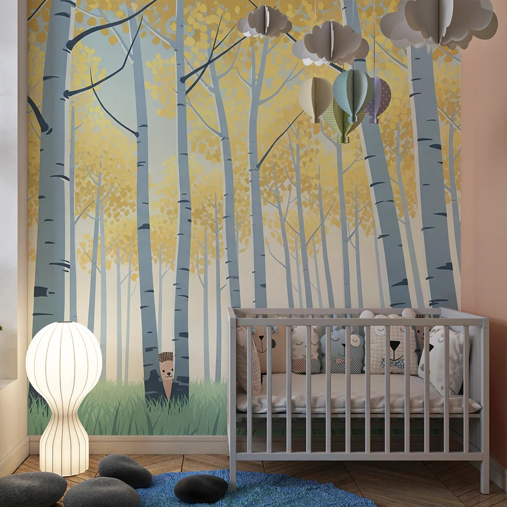 Kids room wallpaper | Zvědaví ježci v lese zlatolistých stromů