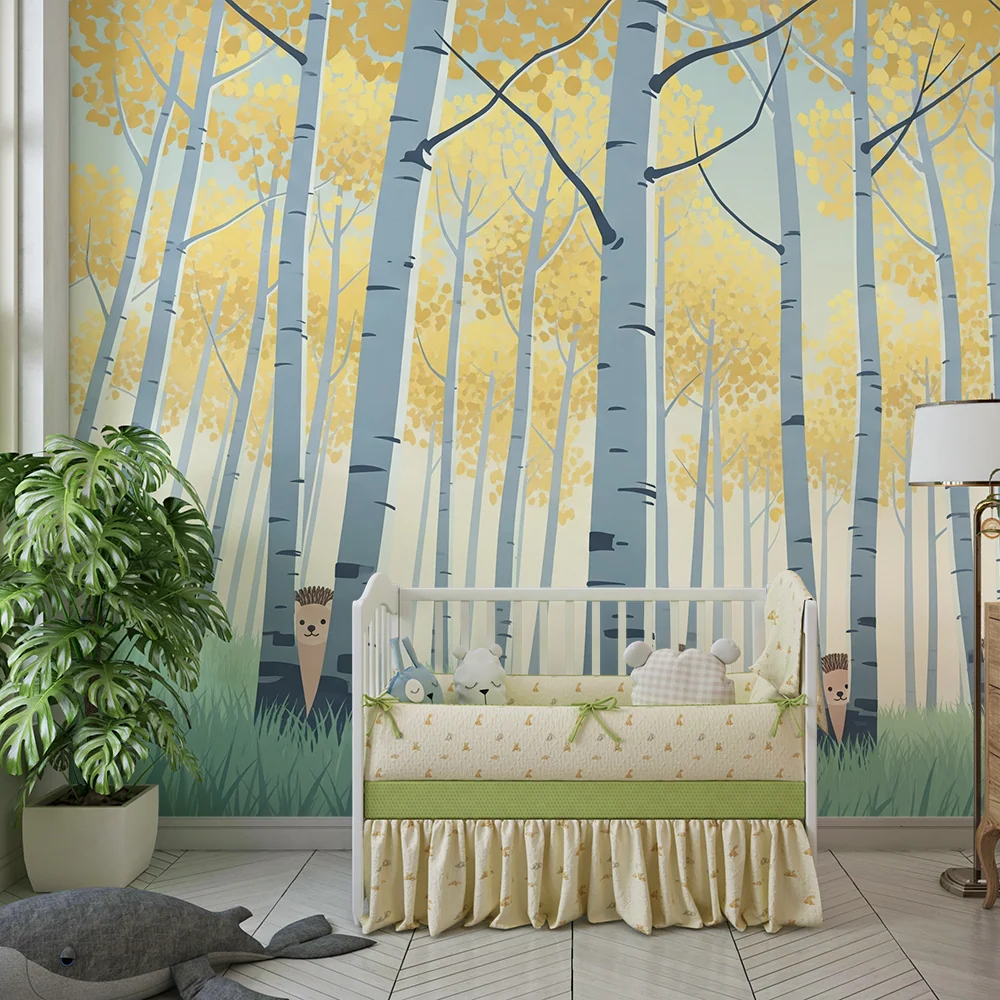 Kids room wallpaper | Zvědaví ježci v lese zlatolistých stromů
